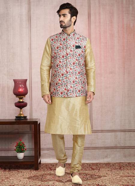 Cream Colour Festive Wear Jacquard Banarasi Silk Digital Print Kurta Pajama With Jacket Mens Collection 1202